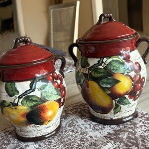 Fruit Motif Ceramic Canisters with Red Lids